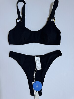 #ad CUPSHE Bikini Set for Women Two Piece Swimsuits V Neck Sz XS Bathing Suit BLACK $23.92