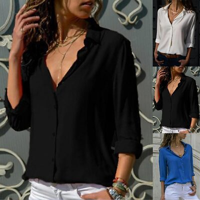#ad Plus Size Womens Boho Long Sleeve Ladies Blouse Chiffon Shirt Casual V Neck Tops $14.62