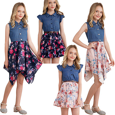#ad Kids Girls Denim Top Splice Floral Print Chiffon Tutu Skirt Sleeveless Princess $16.45