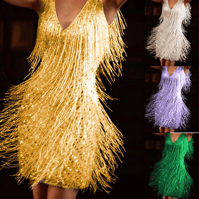 #ad Women#x27;s Bodycon Strappy Glitter Tassel Mini Dress Evening Cocktail Party Dresses $35.88