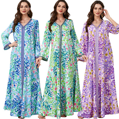#ad Muslim Women Long Sleeve Maxi Dress Floral Abaya Kaftan Robe Dubai Arab Gown C $47.29
