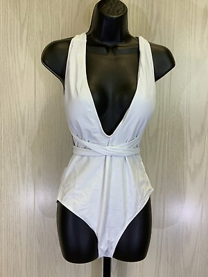 #ad Women#x27;s Plunge Neck One Piece Swimsuit Size L White NEW MSRP $89 $16.99