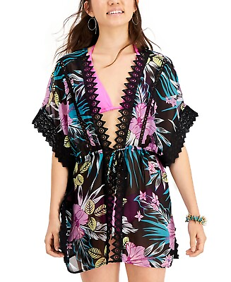 #ad Miken Junior#x27;s Lace Inset Kimono Swim Cover Up Black Size Large $14.49