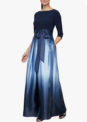 #ad SLNY Navy Blue Ombré Pockets 16 Formal Party Dress Maxi 3 4 Sleeve Retail $169 $115.99