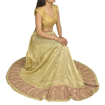 #ad Sanskriti Vintage Green Long Skirt Pure Tissue Silk Handmade Unstitched Lehenga $126.20