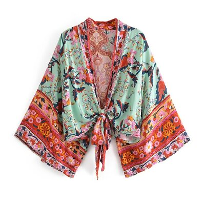 Boho VintageTie Front Floral Print Kimono V Neck Batwing Sleeves Short Robe AU $48.95