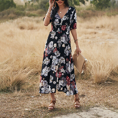#ad Floral Summer Beach Dress With V Neck Elastic Waist Dresses For Women $29.99