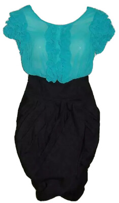 #ad Tea f Designer Teal amp; Black Ruffle Pleated Cocktail Evening Dress Size M NWOT $20.40