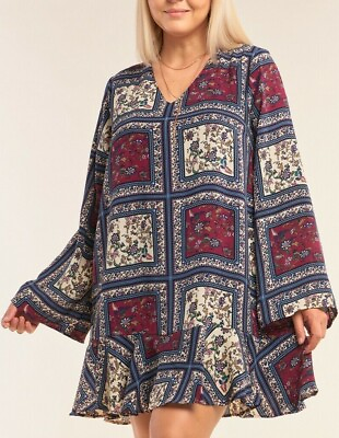 #ad Plus Size Boho Gypsy Bell Sleeve Ruffle Tunic Dress Floral Mix Color Block $36.95