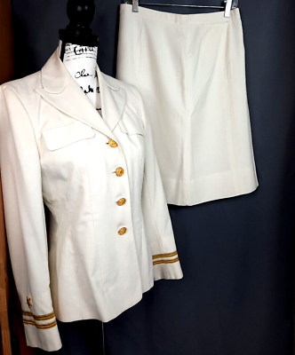 #ad Vtg Women Navy Military White Linen Skirt Suit Size 14 Gold Buttons Stars Stripe $99.98