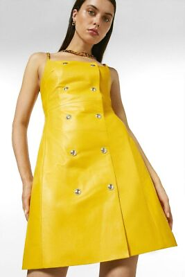 #ad New Wear Party Women Yellow Dress Lambskin 100% Genuine Leather Designer Stylish $165.00