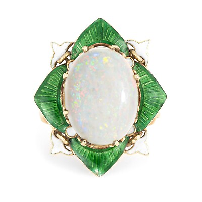 Vintage Art Deco Opal Enamel Ring Fleur de Lis Cocktail 14k Yellow Gold Estate $2475.00