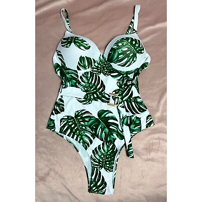 #ad Women#x27;s White Green Tropical Buckle Belted One Piece Swimsuit Plus Size 1XL $28.95
