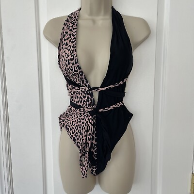 #ad New Cut Out M Pink Animal Print One Piece Swimsuit Lined Tie Low Cut Cheeky $25.00