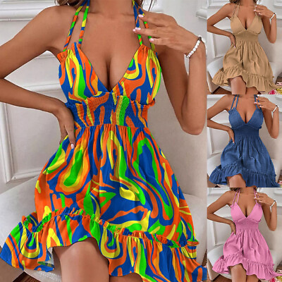 #ad Women Summer Dress V Neck Loose Dresses Floral Seaside Holiday Maxi Dress US‹ $15.28