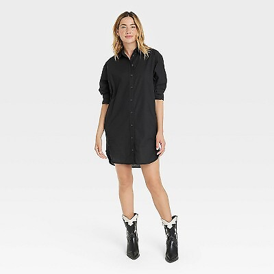 Women#x27;s Long Sleeve Mini Shirtdress Universal Thread Black L $13.99