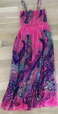 #ad Maxi Dress Large Pink Floral Gathered Stretch Bodice Adjustable Spaghetti Straps $21.89