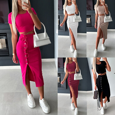 #ad Women Midi Skirt Crop Top Two Piece Set Dress Ladies Party Bodycon Co ord S $20.28