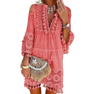 #ad #ad Lace V Neck Boho Dress Women Tassel Ruffle Skirt Beach Dress Embroidery Crochet $34.78