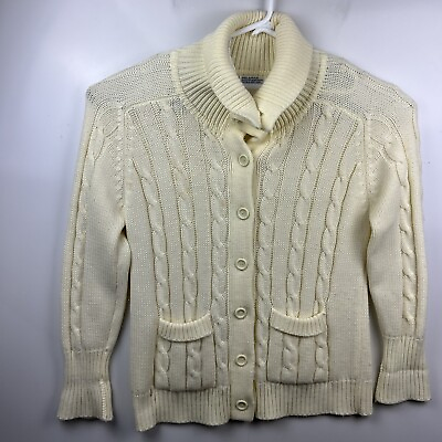 #ad Vintage Sears Womens Button Up Tan Cable Knit Cardigan Sweater Sz 48 Cowl Neck $27.98