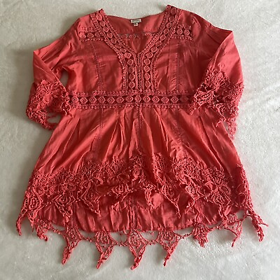 #ad Cupio Women#x27;s Pink Red Boho Crochet Tunic Top Size M Lightweight Cotton Coverup $7.99