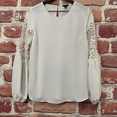Ann Taylor Loft Top Womens Small Off White Boho Embroidered Floral Sleeve Blouse $16.14