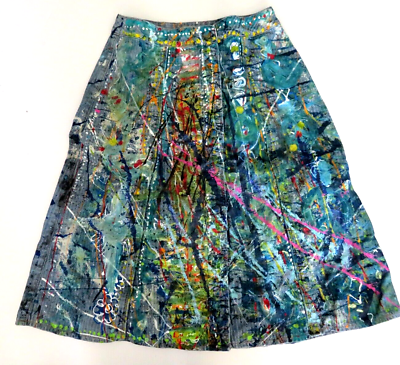 Hilary Druley Art Custom Painted Denim Skirt Length 26quot; Waist 31quot; Artsy Chic 6 $125.00