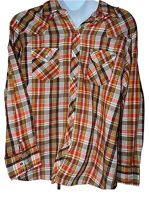 #ad Vtg 70s Western Shirt Pearl Snap Sears Cowboy Rockabilly Plaid Mens Xl 17 1 2 $29.95