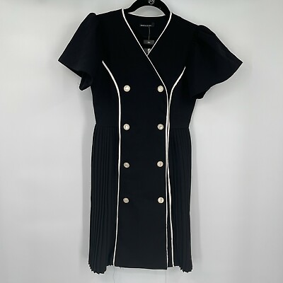Womens Black Dress Small Short Sleeve Button Front Pearl Beaded Retro Sheath New $17.99