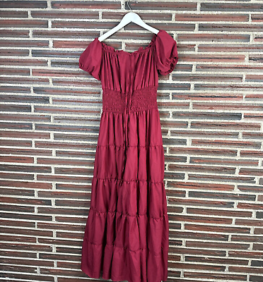 #ad Boho Maxi Dress Red Burgundy Long Length Short Sleeve Peasant Country Cottage OS $16.99
