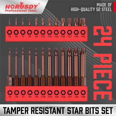 24Pc Security Torx Bit Tamper Resistant Star Set S2 Steel 1quot; amp; 2.3quot; Long T5 T40 $11.99