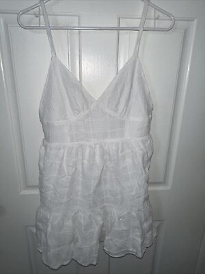 #ad Forever 21 White Sleeveless Short Fitted Dress Spaghetti Straps Ruffle Size M $12.00
