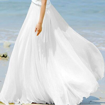#ad Women Chiffon Long Skirts High Waist White Summer Boho Maxi Skirt $30.81