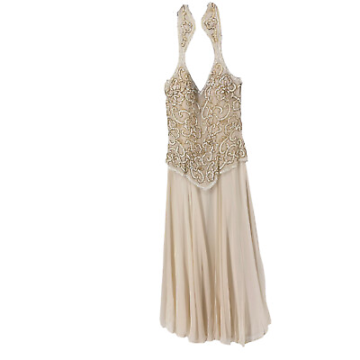 #ad Showtime Silk Sequin Halter Dress Ivory Vintage Cocktail Formal Size 10 Glam $20.00