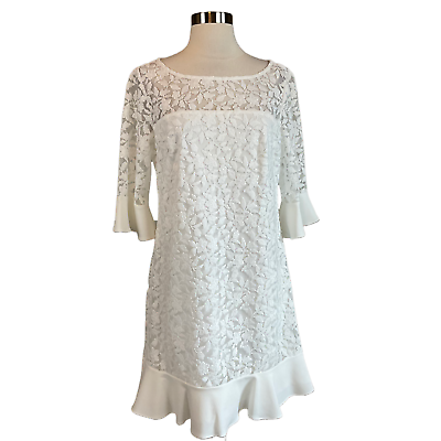 #ad Adrianna Papell Women#x27;s Cocktail Dress Size 6 White Lace Ruffled Mini Sheath $69.99