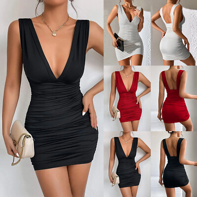 #ad Women Sexy Plunge V Neck Ruffle Mini Dress Evening Cocktail Club Party Bodycon $16.39