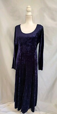 #ad 90#x27;s Vintage All That Jazz Dark Blue Velvet Long Sleeve Maxi Dress Rose Clip L $32.99