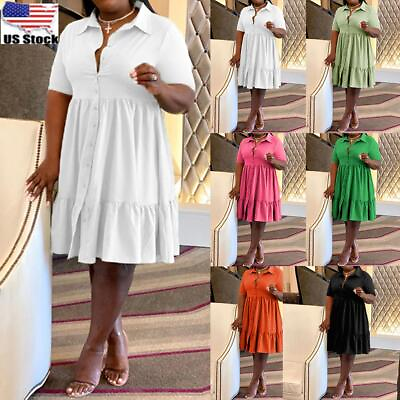 Summer Plus Size Womens Button V Neck Midi Dress Ladies Short Sleeve Shirt Dress $25.49