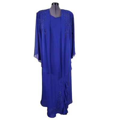 #ad Maggie Barnes Maxi Dress Suit 24W Chiffon Flowy Beaded Asymmetrical Jacket Blue $50.36