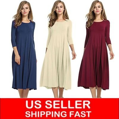 US Women Long Sleeve Shirt Long Maxi Dress Casual Flared Swing Skater Midi Dress $14.99