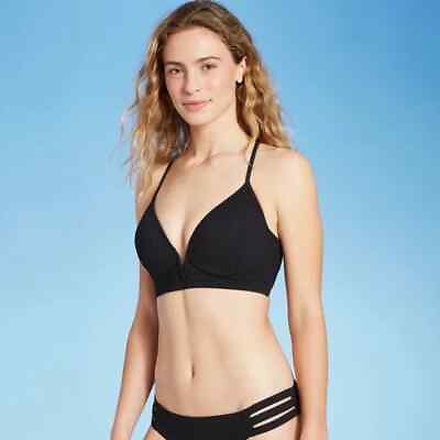 #ad Women#x27;s Lightly Lined V Wire Ribbed Bikini Top Shade amp; Shore Black $11.20