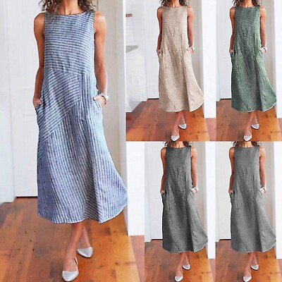 #ad Casual Neck Dress Dress Striped Long Print Cotton Maxi Dresses for Women Summer $19.39