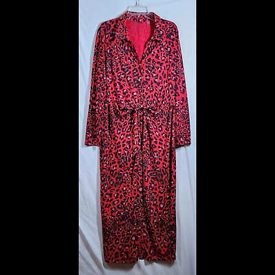 #ad T Tahari Maxi Dress Long Sleeve Red Animal Print Snap Button Knot Stretch XL $19.99