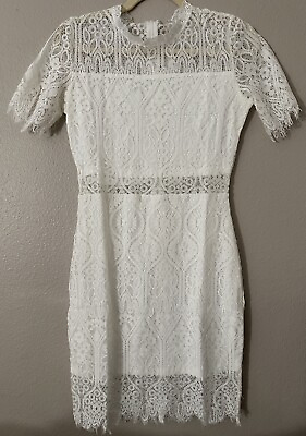 #ad Elegant High Neck Knee Length Cocktail Party White Lace Dress Size 8 $19.91