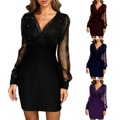 Women Sexy Bodycon Mini Dress Ladies Evening Party Mesh Long Sleeve Dresses Gown $18.80