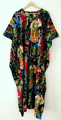 Indian Black Long Frida Kahlo Print Cotton Maxi Women Nightwear Caftan Dress $22.31