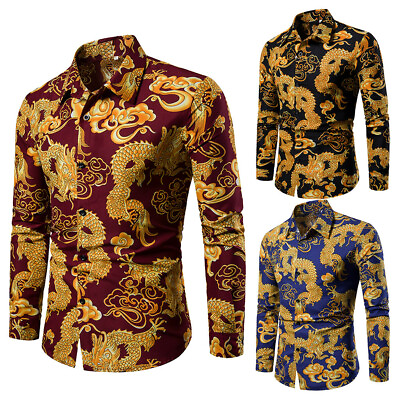 #ad Men#x27;s Vintage Long Sleeve Button Down Shirt Floral Dragon Print Party Shirt US $17.36