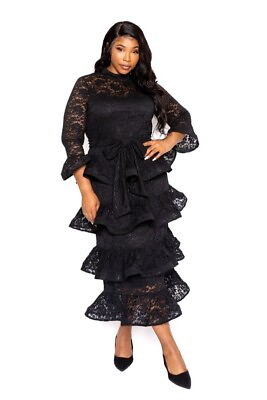 #ad #ad Women#x27;s Plus Size Black Belted Tiered Lace Maxi Dress $122.35
