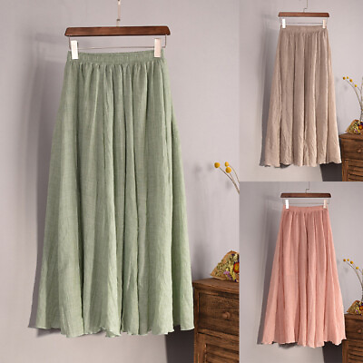 #ad Womens Cotton Linen Maxi Skirt Ladies Elastic Waist Pleated Solid Long Skirts $13.99