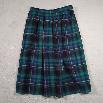 #ad Vtg Bedford Fair Wool Skirt Women#x27;s 18 Wool Blend Plaid Pleated Blue Green USA $19.97